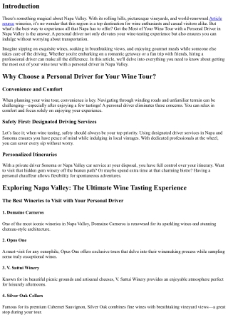 Get the Most of Your Wine Tour with a Personal Driver in Napa Valley