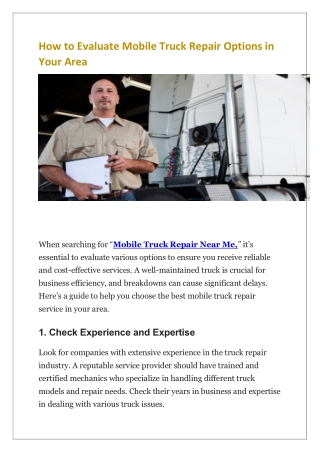 How to Evaluate Mobile Truck Repair Options in Your Area