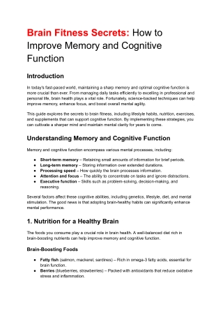Brain Fitness Secret: How to Improve Memory and Cognitive Function