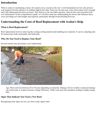 Understanding the Costs of Roof Replacement with Avalon’s Help