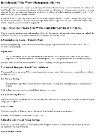 Top Reasons to Choose Our Waste Dumpster Service in Orlando