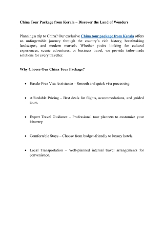 China Tour Package from Kerala – Discover the Land of Wonders