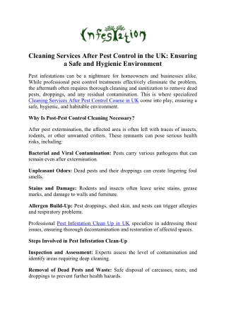 Cleaning Services After Pest Control Course in UK - Pest Infestation