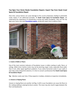 Top Signs Your Home Needs Foundation Repairs- Expert Tips from Hawk Crawl Space & Foundation Repair