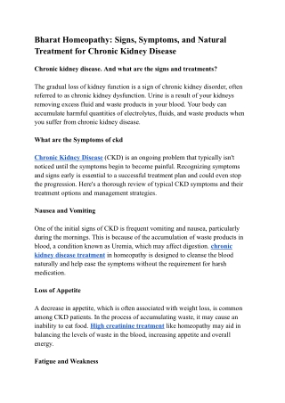 Bharat Homeopathy Signs Symptoms and Natural Treatment for Chronic Kidney Disease