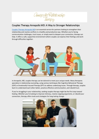Couples Therapy Annapolis MD: A Way to Stronger Relationships