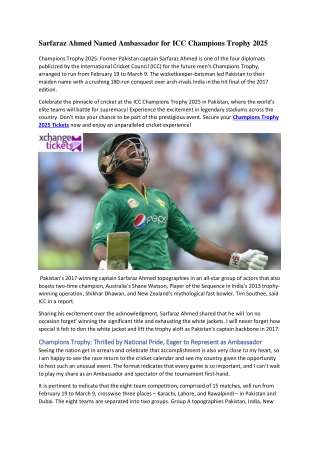 Sarfaraz Ahmed Named Ambassador for ICC Champions Trophy 2025