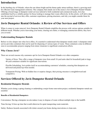 Javis Dumpster Rental Orlando: A Review of Our Services and Offers