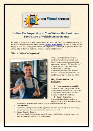 Online Car Inspection at YourVirtualMechanic.com The Future of Vehicle Assessments