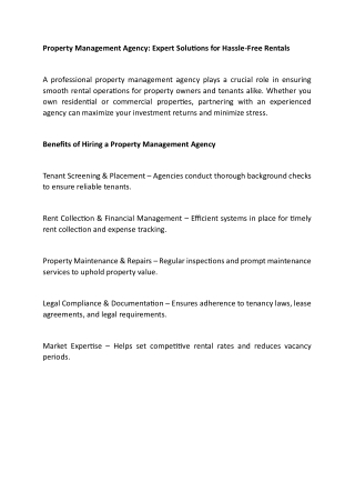 Property Management Agency Expert Solutions for Hassle-Free Rentals