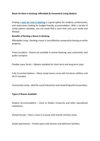 Room for Rent in Geelong Affordable & Convenient Living Options