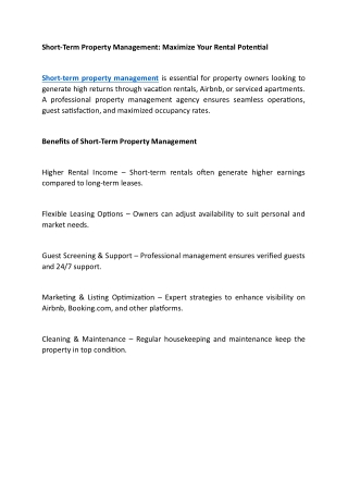 Short-Term Property Management Maximize Your Rental Potential