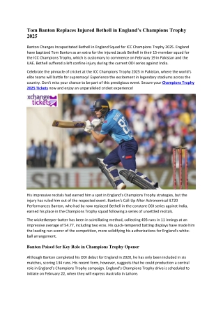Tom Banton Replaces Injured Bethell in England’s Champions Trophy 2025