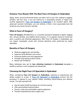 Enhance Your Beauty With The Best Face Lift Surgery In Hyderabad - Google Docs