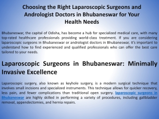 Choosing the Right Laparoscopic Surgeons and Andrologist Doctors in Bhubaneswar for Your Health Needs