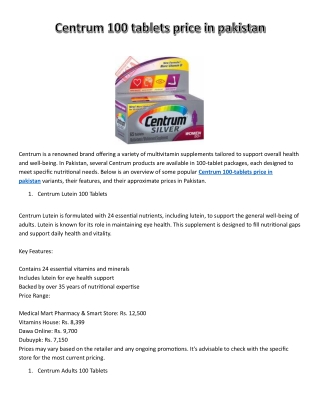 Centrum 100 tablets price in pakistan