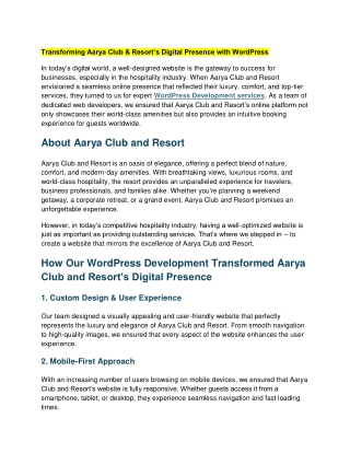 Transforming Aarya Club & Resort’s Digital Presence with WordPress