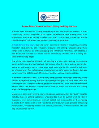 Learn More About in Short Story Writing Course
