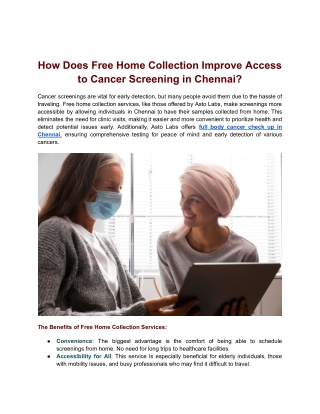 Cancer Screening Checkup Chennai | Avail Free Home Collection