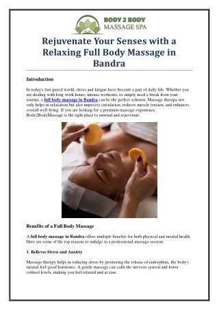 Relax & Rejuvenate with Full Body Massage in Bandra | Body2BodyMassage