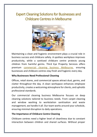 Expert Cleaning Solutions for Businesses and Childcare Centres in Melbourne