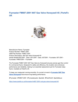 Frymaster FM807-2091 NAT Gas Valve Honeywell 45 _ PartsFe UK