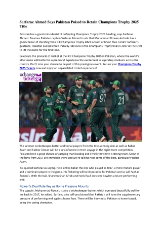 Sarfaraz Ahmed Says Pakistan Poised to Retain Champions Trophy 2025 Title