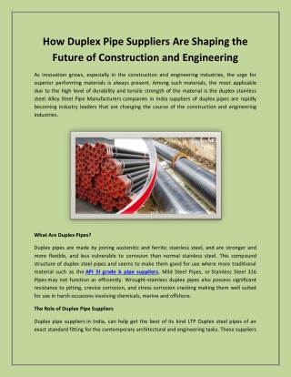 How Duplex Pipe Suppliers Are Shaping the Future of Construction and Engineering