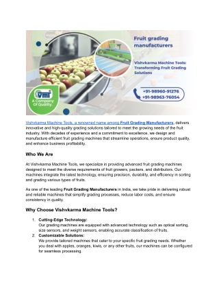 Vishkrma Machine Tools: Leading Fruit Grading Manufacturers | VMTapple.com