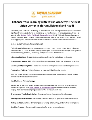 Enhance Your Learning with Tavish Academy The Best Tuition Center in Thirumullaivoyal and Avadi