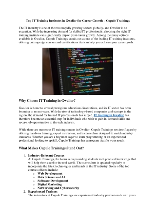 Top IT Training Institutes in Gwalior for Career Growth in cupuletrainings