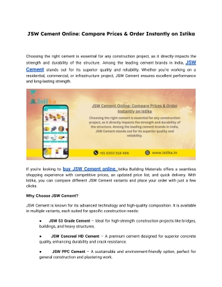 JSW Cement Online Compare Prices & Order Instantly on Istika