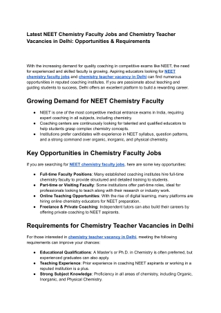 Latest NEET Chemistry Faculty Jobs and Chemistry Teacher Vacancies in Delhi: Opp