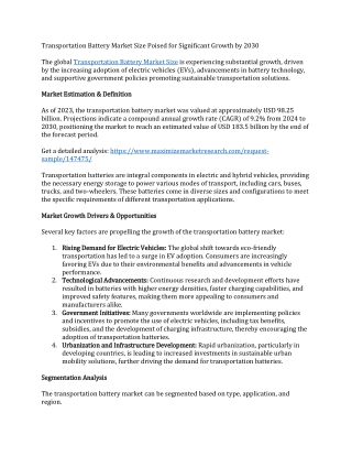 Transportation Battery Market: Key Innovations and Emerging Technologies