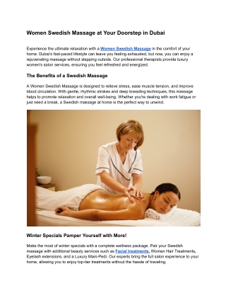 Women Swedish Massage at Your Doorstep