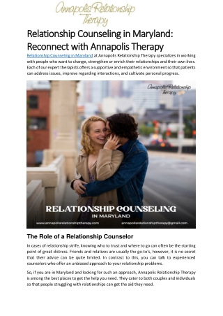 Relationship Counseling in Maryland- Reconnect with Annapolis Therapy