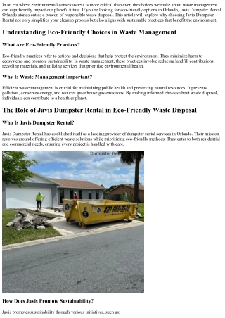 Eco-Friendly Choices: Why We Love Javis Dumpster Rental in Orlando