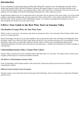 I-Drive: Your Guide to the Best Wine Tours in Sonoma Valley