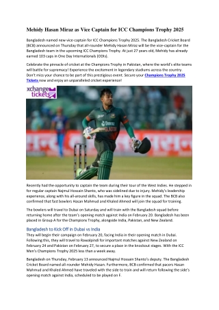 Mehidy Hasan Miraz as Vice-Captain for ICC Champions Trophy 2025