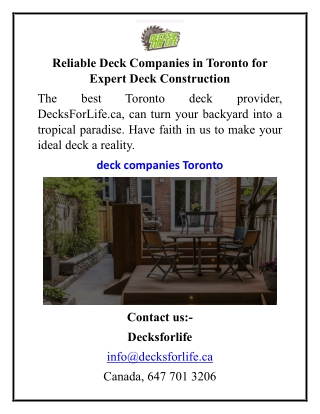 Reliable Deck Companies in Toronto for Expert Deck Construction