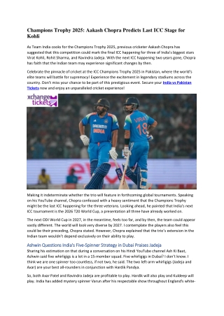 Champions Trophy 2025 Aakash Chopra Predicts Last ICC Stage for Kohli