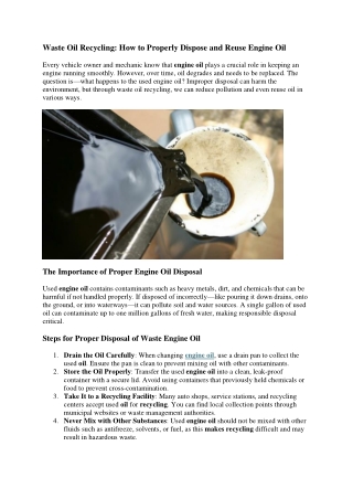 Waste Oil Recycling: How to Properly Dispose and Reuse Engine Oil