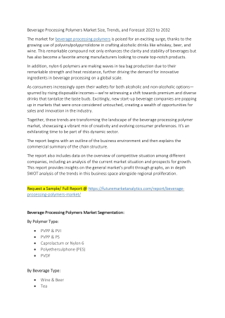 Beverage Processing Polymers Market Size, Trends, and Forecast 2023 to 2032