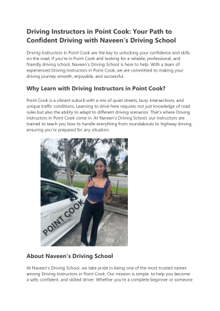 Driving Instructors in Point Cook- Your Path to Confident Driving with Naveen's Driving School