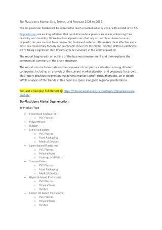 Bio-Plasticizers Market Size, Trends, and Forecast 2023 to 2032