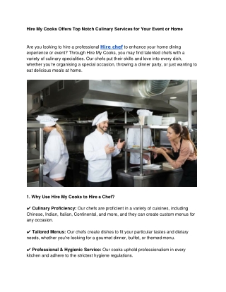 Hire My Cooks Offers Top Notch Culinary Services for Your Event or Home