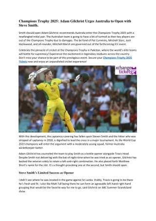 Champions Trophy 2025 Adam Gilchrist Urges Australia to Open with Steve Smith.