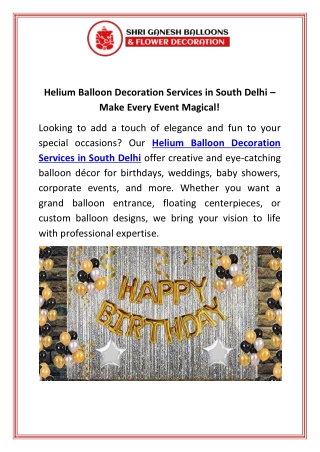 Helium Balloon Decoration Services in South Delhi  Make Every Event Magical!