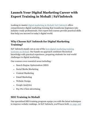Launch Your Digital Marketing Career with Expert Training in Mohali | S2Vinfotec
