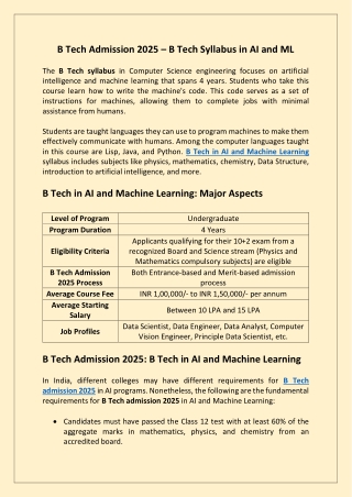 B. Tech Admission 2025 - B. Tech Syllabus in AI and ML